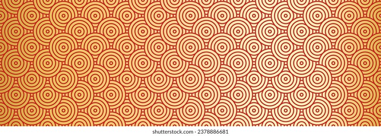 Golden Coin Background Pattern Motif. Chinese Lunar New Year Seamless Design. Premium Oriental Geometric Texture with Modern Vintage Flair. Traditional Asian Zigzag and Wave Pattern.