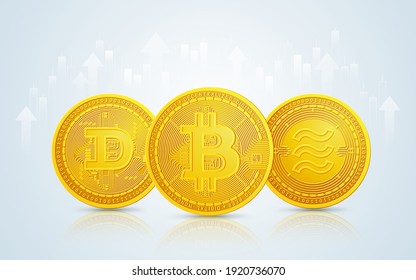 the golden coin of bitcoin, dogecoin and libra coin in cryptocurrency technology with stock market exchange background