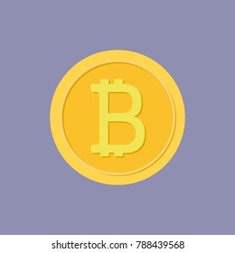 Golden coin with bitcoin sign. Cryptography currency concept. Flat and solid color vector.