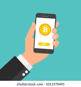 Golden coin with bitcoin sign. Mobile app for bitcoin. Flat design concept illustration