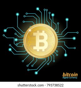 Golden coin with bitcoin sign.Money and finance symbol cryptocurrency.Vector Illustration on black background