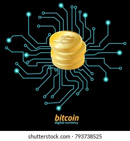 Golden coin with bitcoin sign.Money and finance symbol cryptocurrency.Vector Illustration on black background