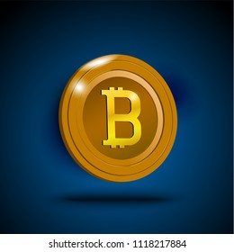 Golden coin with bitcoin symbol in the center on blue-dark  background. Cryptocurrency. digital currency, futuristic digital money, Vector illustration. 