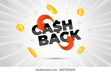 Golden coin cashback banner with bold inscription and arrow symbol. Shiny 3D vector illustration for promo, discount, financial rewards or online shopping offer. Perfect for marketing and business ads