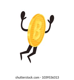 Golden coin character in action. Shiny humanized bitcoin jumping with hands up. Cryptocurrency, money and finance concept. Flat vector design for mobile app or sticker