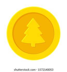 Golden coin with Christmas tree isolated on white background. Vector illustration 