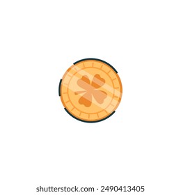 Golden coin with clover leaf icon. Leprechaun treasure, wealth. Game money, fairytale currency, Irish cash. Vector flat illustration isolated on white. Cartoon lucky St. Patricks day symbol