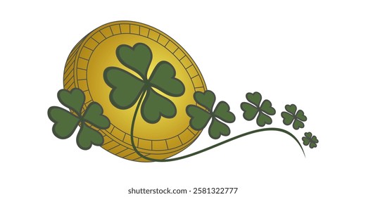 Golden Coin with Clover Leaf Illustration for Luck and Prosperity 