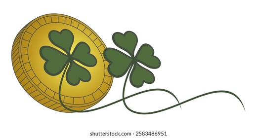  Golden Coin with Clover Leaf Illustration for Luck and Prosperity 