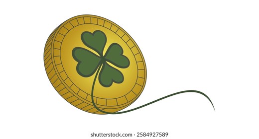 Golden Coin with Clover Leaf Illustration for Luck and Prosperity 