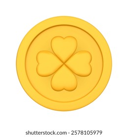 Golden Coin with Clover Leaf. St. Patrick's Day Treasure, Irish Good Luck symbol. 3D realistic Vector Illustration isolated on a white background.