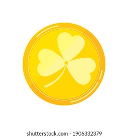 Goldene Münze mit Klee-Shamrock, Vektorsymbol einzeln auf weißem Hintergrund. Gold Geld mit Baumblättern Klee - Element für Saint Patrick Tag Design. Cartoon-Stil glückliche Symbol-Illustration. 