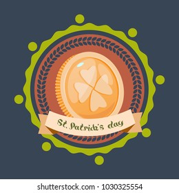 Golden Coin with Clover Sign Happy St. Patricks Day Decoration Poster Or Greeting Card Design Flat Vector Illustration