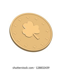 Golden coin with clover at st Patrick Day - isolated on white - vector