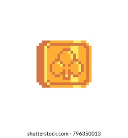 Golden coin with clover. St. Patrick's day symbol. Pixel art. Isolated vector illustration.