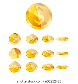 Golden coin. Different position of coin. Vector illustration