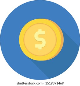 Golden coin dollar on blue circle.