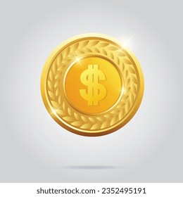 Golden coin dollar sign with laurel wreath isolated background Vector illustration