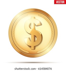 Golden coin with dollar sign. Money and finance symbol. Vector Illustration isolated on white background.