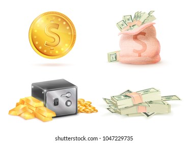 Golden coin with dollar sign, sack full of money, metal safe strongbox and bunch of paper banknotes isolated on white background. Currency symbols