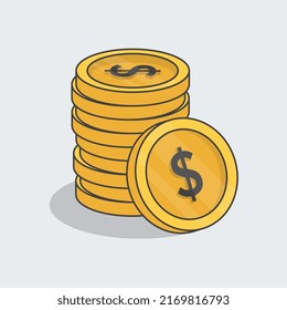 Golden Coin Dollar Stack Cartoon Vector Illustration. 3d Dollar Coins Flat Icon Outline