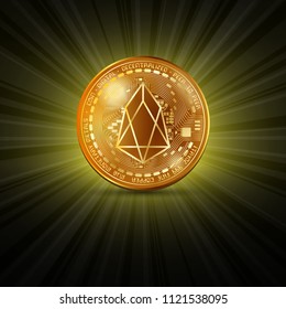 Golden coin with EOS cryptocurrency symbol isolated on shining background