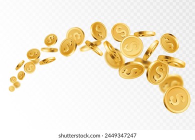 Golden coin flow. Realistic flying gold dollar coins, cash stream. Gambling and earnings, saving and winning jackpot casino 3D vector element. Shiny money jackpot, success and wealth concept