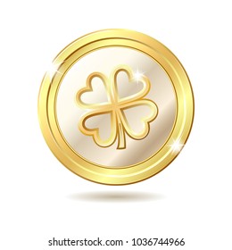 Golden coin with four leaf clover. St. Patricks day symbol. Vector illustration