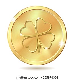 Golden coin with four leaf clover. St. Patricks day symbol. Vector illustration