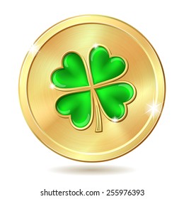 Golden coin with four leaf clover. St. Patricks day symbol. Vector illustration