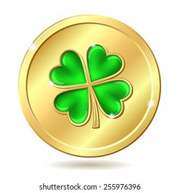 Golden coin with four leaf clover. St. Patricks day symbol. Vector illustration