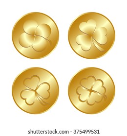 Golden coin with four leaf clover.
