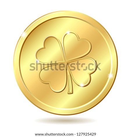 Golden coin with four leaf clover. St. Patrick's day symbol. Vector illustration