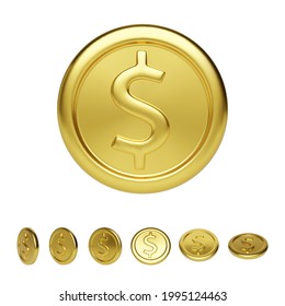 Golden coin front view and different position. Realistic render of glossy metallic coin. Finance and money. Vector illustration