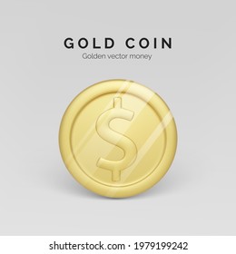 Golden coin front view. Realistic render of metallic coin. Finance and money. Vector illustration