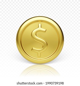 Golden coin front view. Realistic render of glossy metallic coin. Finance and money. Vector illustration