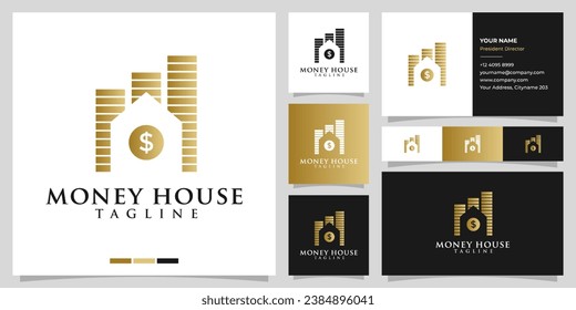 Golden coin, graph with home logo.  Simple profit logo graphic design isolated on white. Logo of monetary collection or strategy of profit or benefit making in business.