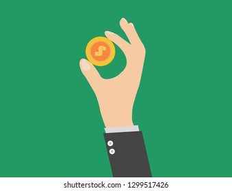 Golden coin in hand vector concept in flat style.