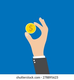 Golden coin in hand vector concept in flat style