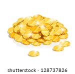 golden coin heap vector illustration isolated on white background EPS10. Transparent objects and opacity masks used for shadows and lights drawing. Vector Illustration.