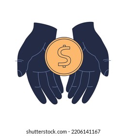Golden coin in human hands. Give, receive, earn money. Financial success, investment, dividend. Hand drawn color vector illustration isolated on white background. Modern flat cartoon style.
