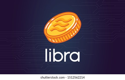 Golden Coin with Icon of Cryptocurrency "Libra" on Modern Digital background - Vector Illustration