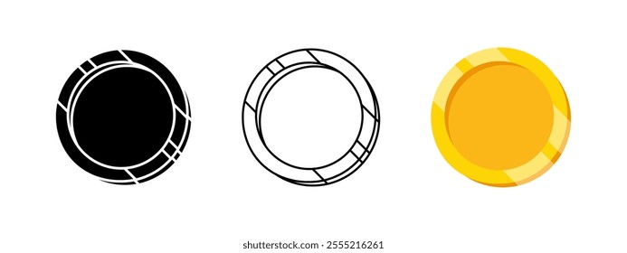 Golden coin icon. Gold coin reward vector illustration. 3D coin doodle. Simple money currency pictogram. Shiny medal or prize symbol. Circle coinage sign. Metal three-dimensional coin isolated concept