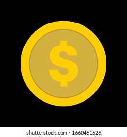 Golden Coin Icon Isolated On Black Background. Blockchain, Gambling, Betting, Casino, Vegas. Vector Finance Element