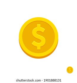 Golden coin icon. Money symbol with dollar sign. Dollar symbol. Bank payment symbol. American dollar. Golden coin. Dollar coin. Bank payment symbol. Finance. American currency. Cash money. Game coin.