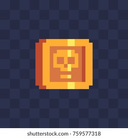 Golden coin icon. Pirate symbol sticker. Pixel art style icon. Video game 8-bit sprite. Flat style logo. Isolated vector illustration. 