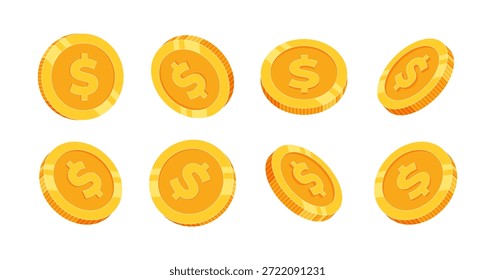 Conjunto de iconos de monedas de oro con símbolos de moneda de dólar estadounidense. Monedas de oro brillantes para conceptos de diseño relacionados con finanzas, economía, inversión, pago y criptomonedas. Ilustración vectorial.