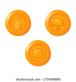 Golden Coin icon symbol with clenched fist, thumbs down, and index finger up hand gestures. Game elements for 2d games vector Illustration