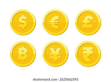 Golden Coin Icons with Global Currency Symbols Vector Set. Illustration of shiny gold coins. Dollar, Euro, Pound, Baht, Bitcoin, Yen, Rupee. Financial, economic, crypto, investment design concepts.