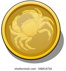 Golden coin with image of a crab isolated on white background. Cartoon vector illustration close-up.